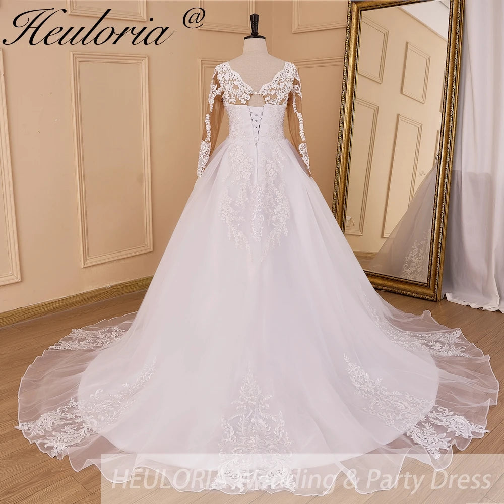 HEULORIA Princess Wedding Dress long sleeve V neck bride dress plus size robe de mariee Lace beading Wedding Bridal Gown BA-827