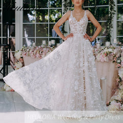 HEULORIA Elegant Spaghetti Straps A line Wedding Dress 3D floral Sparkly Glitter Wedding Bridal dress