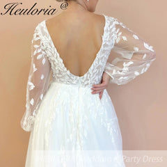 HEULORIA elegant A line Wedding Dress long sleeve v neck lace bride dress plus size robe de mariee