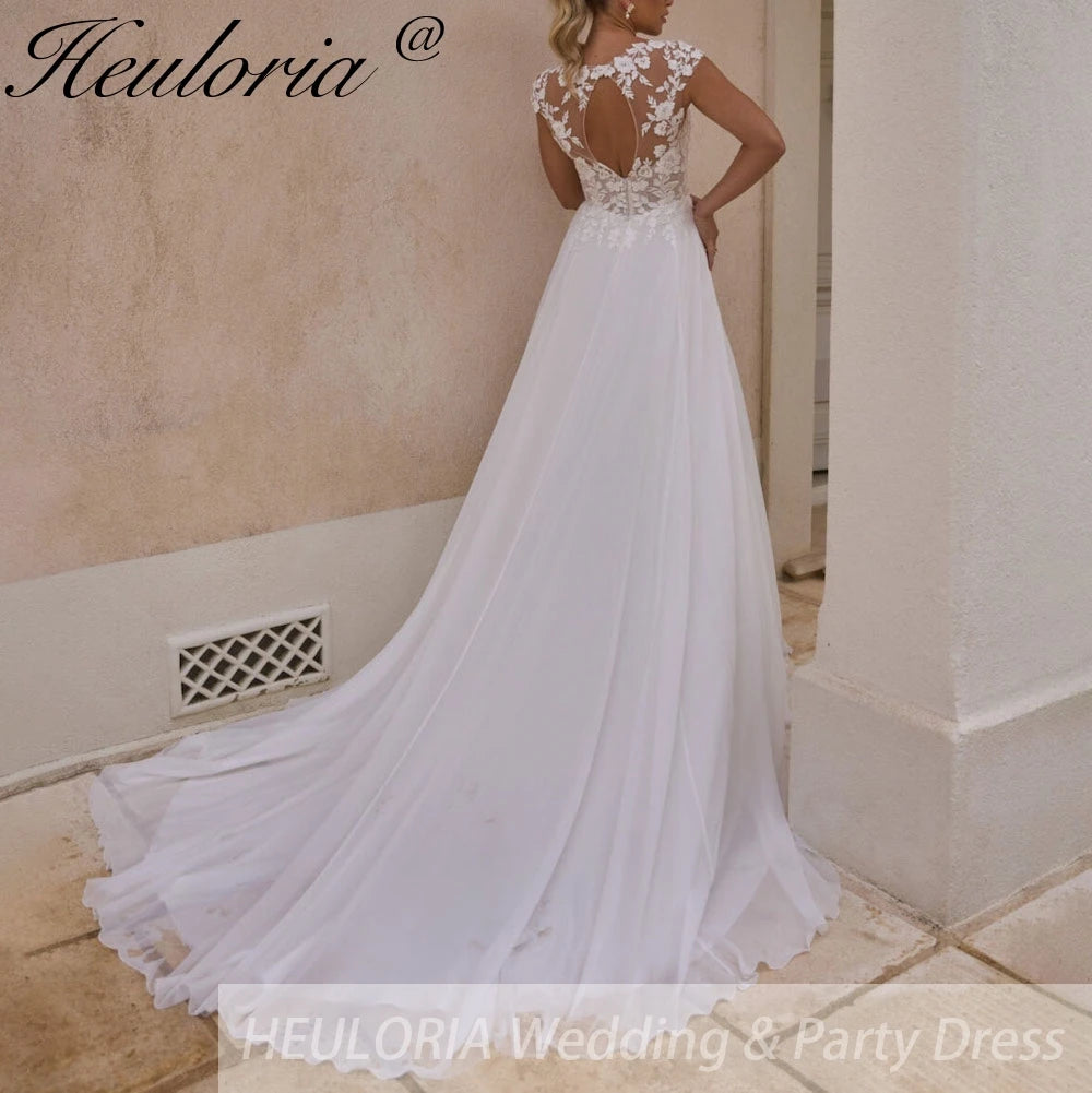 HEULORIA elegant A line Wedding Dress V neck lace chiffon bride dress for garden beach wedding AL-753