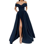 Off The Shoulder Satin Evening Dresses High Split Sexy With Pockets Lace Up Back Vintage Long Prom Dresses Wedding Party Gowns