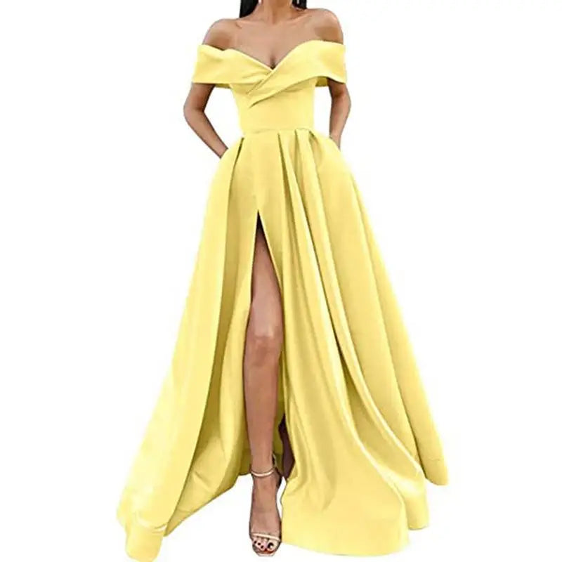 Off The Shoulder Satin Evening Dresses High Split Sexy With Pockets Lace Up Back Vintage Long Prom Dresses Wedding Party Gowns