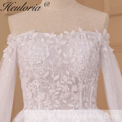 HEULORIA elegant A line wedding dress long sleeve beading lace bride dress plus size