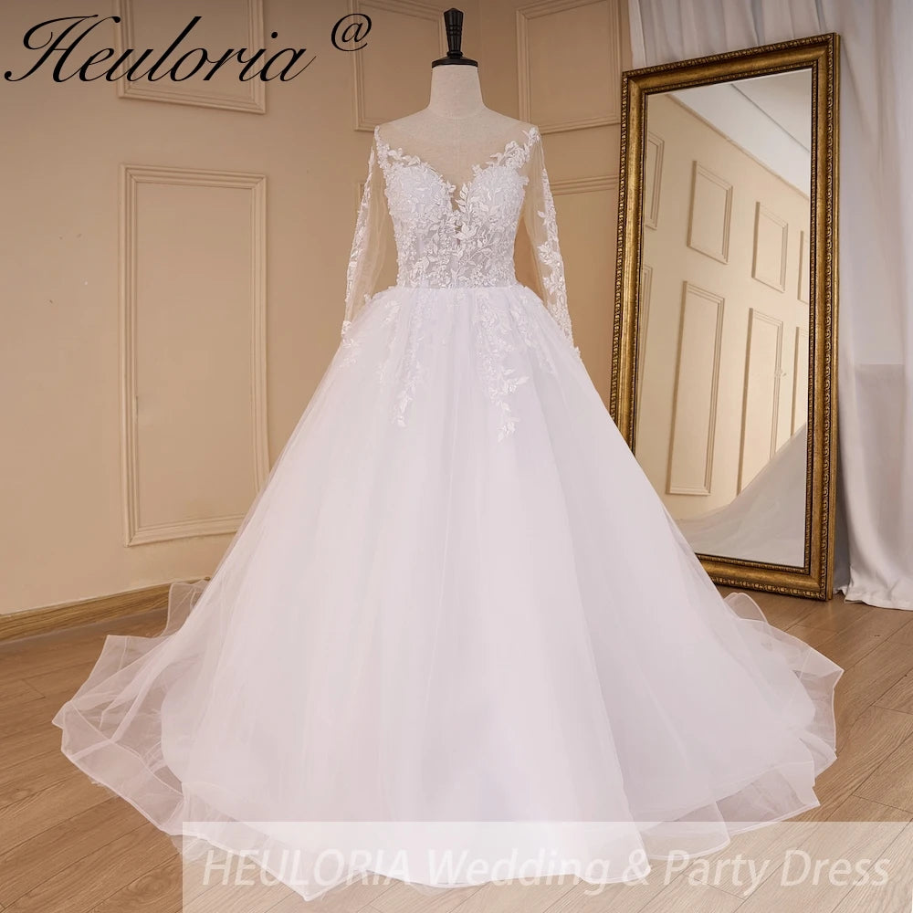 HEULORIA Princess Wedding Dress long sleeve V neck bead lace bride dress plus size robe de mariee Lace beading bridal Gown court train AL-824