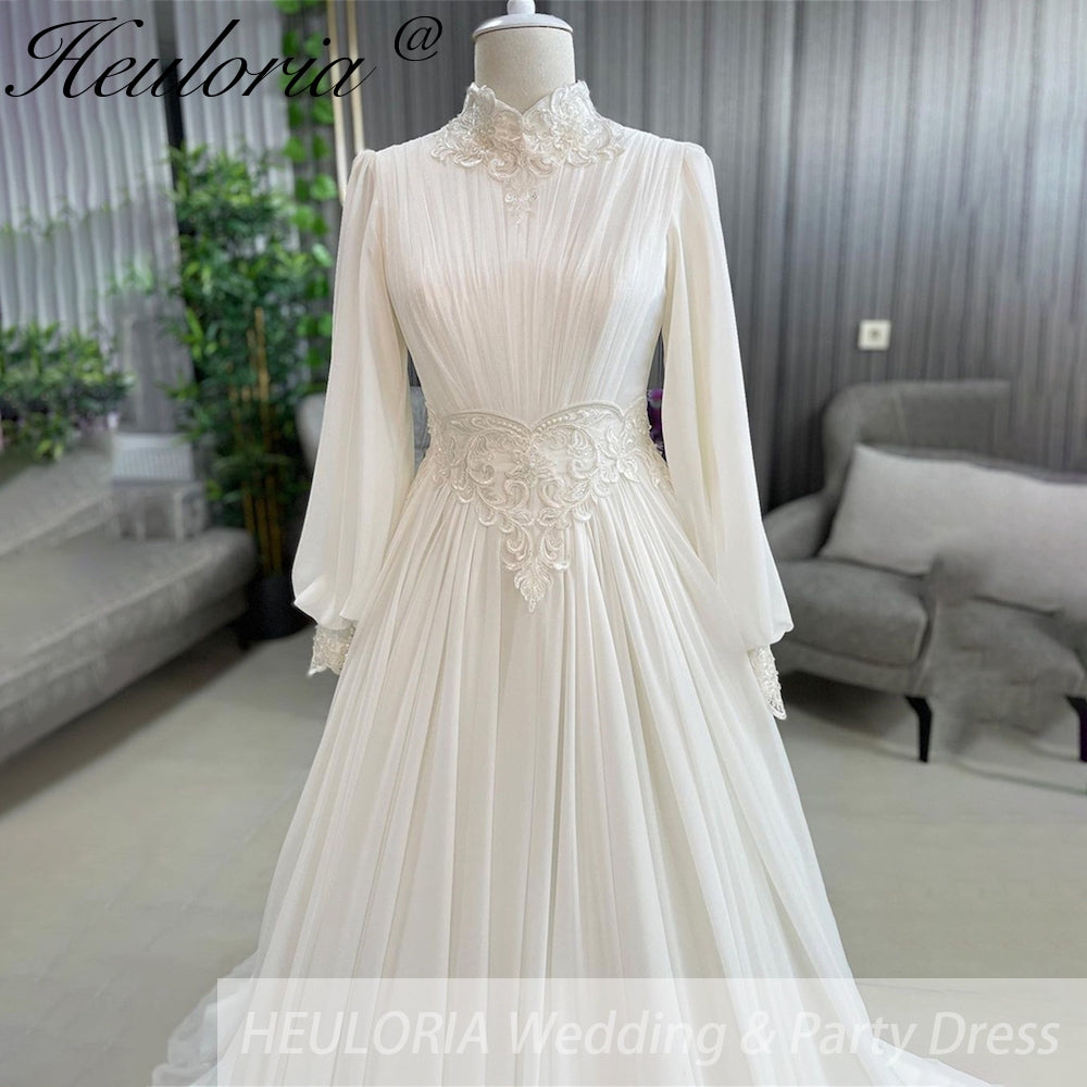 HEULORIA elegant lace beading Muslim ball gown Wedding Dress long sleeve high neck bride dress plus size bride Wedding Gown AL-358