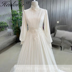 HEULORIA Victorian-Inspired High Neck Lace Wedding Dress - Ethereal Bishop Sleeves & Pleated Chiffon Bridal Gown AL-358