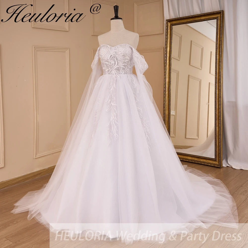 HEULORIA elegant A line wedding dress off shoulder Sparkly Glitter lace bridal dress with ribbon Robe De Mariee Wedding Bride Dress AL-819