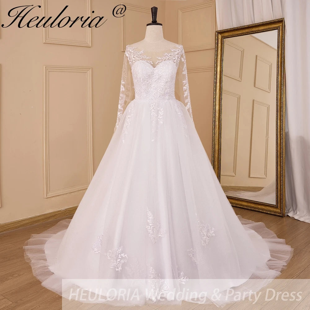 HEULORIA Sparkly Glitter A line Wedding Dress long sleeve lace bride dress plus size robe de mariee  A line Wedding Bridal Gown AL-832