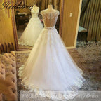 HEULORIA elegant Wedding Dress v neck cap sleeve beading lace bride dress blush color BA-809