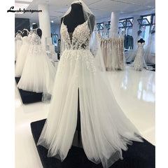 HEULORIA Luxury Beads Lace Appliques Wedding Dress with Spaghetti Straps high Split Backless Bridal dress AL-923
