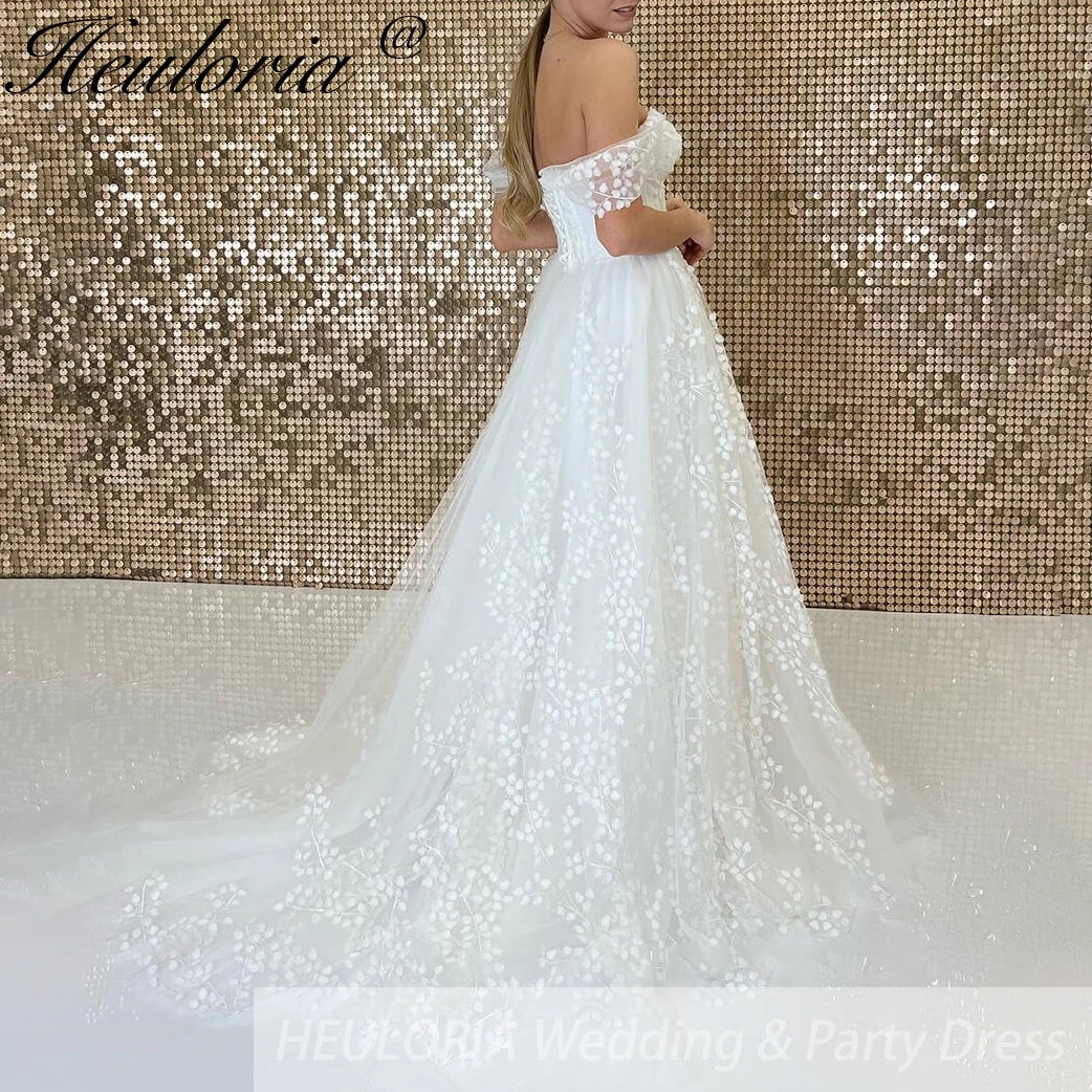 HEULORIA off shoulder 3D floral lace wedding dress lace up bride dress robe de mariee court train AL-746