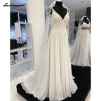 HEULORIA Women's Chiffon Wedding Dresses Bohemian Sexy V-Neck Lace Applique A-Line Princess Bridal Gowns Customized AL-942