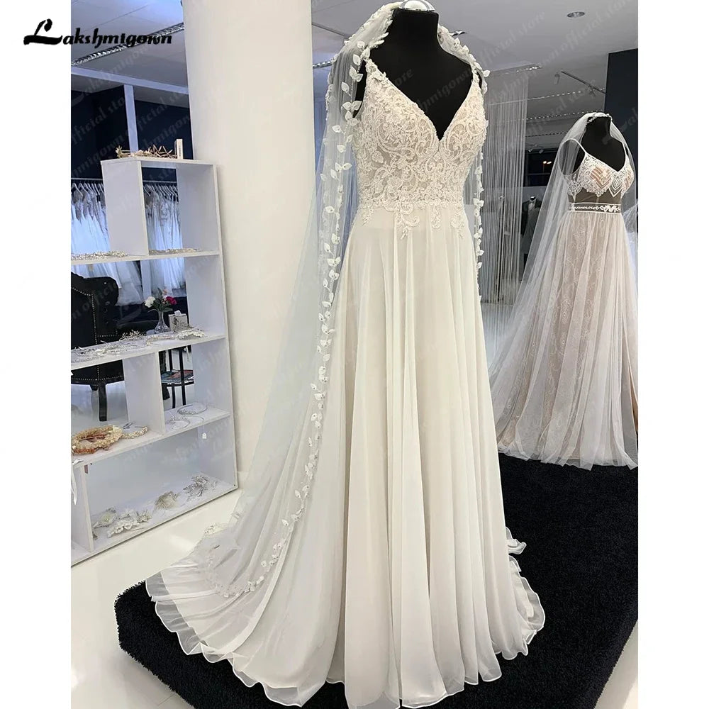 HEULORIA Women's Chiffon Wedding Dresses Bohemian Sexy V-Neck Lace Applique A-Line Princess Bridal Gowns Customized AL-942