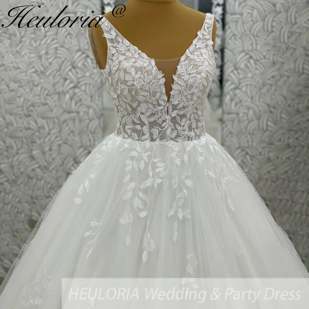 HEULORIA Princess Wedding dress Sparkly Plunging V Necklace Bride Gowns Lace Up Back Customized BA-1047