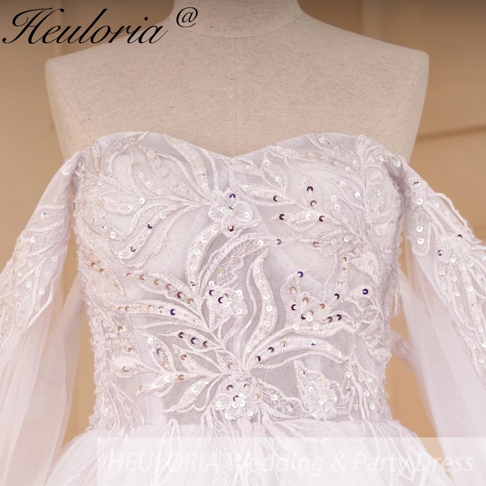 HEULORIA elegant A line wedding dress off shoulder Sparkly Glitter lace bridal dress with ribbon Robe De Mariee Wedding Bride Dress AL-819