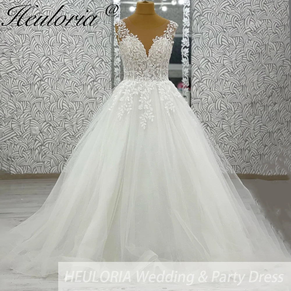 HEULORIA V-neck Sparkly Glitter tulle Wedding Dress Women Robe Civil Lace Appliques A Line Boho Bridal Gown Customized AL-1045