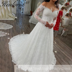 HEULORIA princess wedding dress off shoulder long sleeve lace white bride dress customize