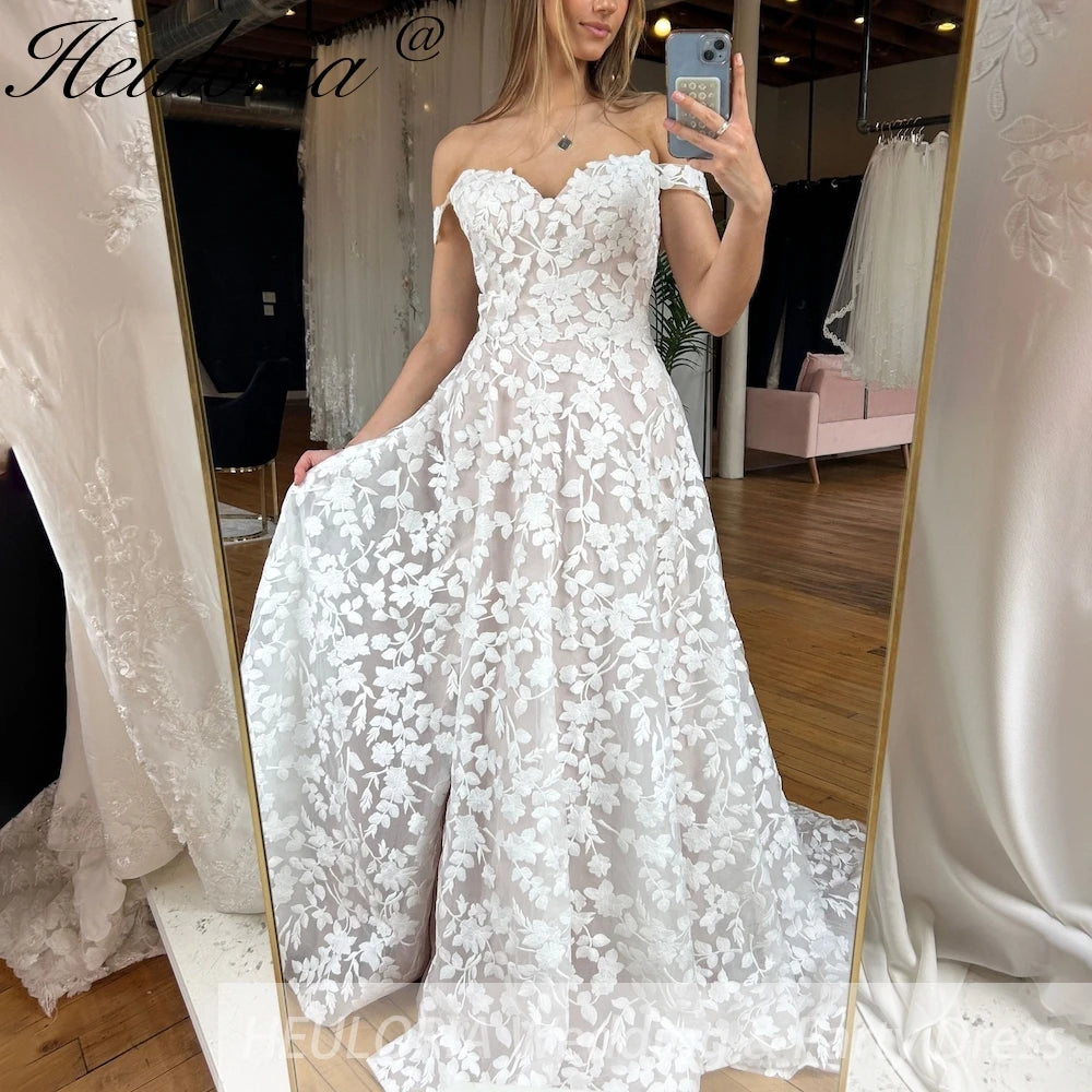 HEULORIA elegant A line wedding dress off shoulder Sparkly Glitter tulle lace bridal dress plus size robe de mariee Lace beading Wedding Gown court train AL-885 Main image