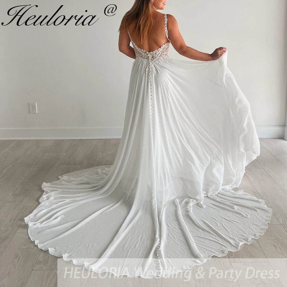HEULORIA elegant lace chiffon Wedding Dress V neck A line lace bride dress for garden beach wedding AL-843