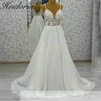 HEULORIA  Spaghetti Straps A line Wedding Dress Plunging Chiffon Women Lace Appliques Bridal dress Customized #AL-997