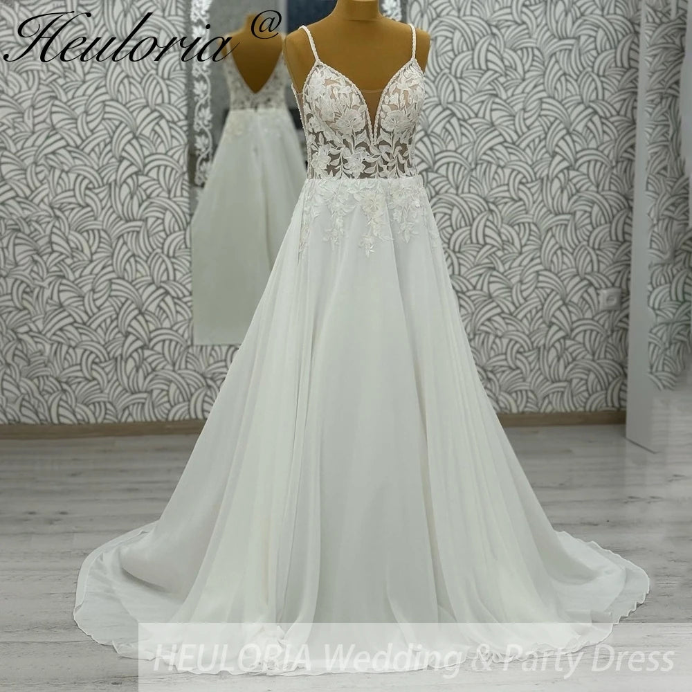 HEULORIA  Spaghetti Straps A line Wedding Dress Plunging Chiffon Women Lace Appliques Bridal dress Customized #AL-997