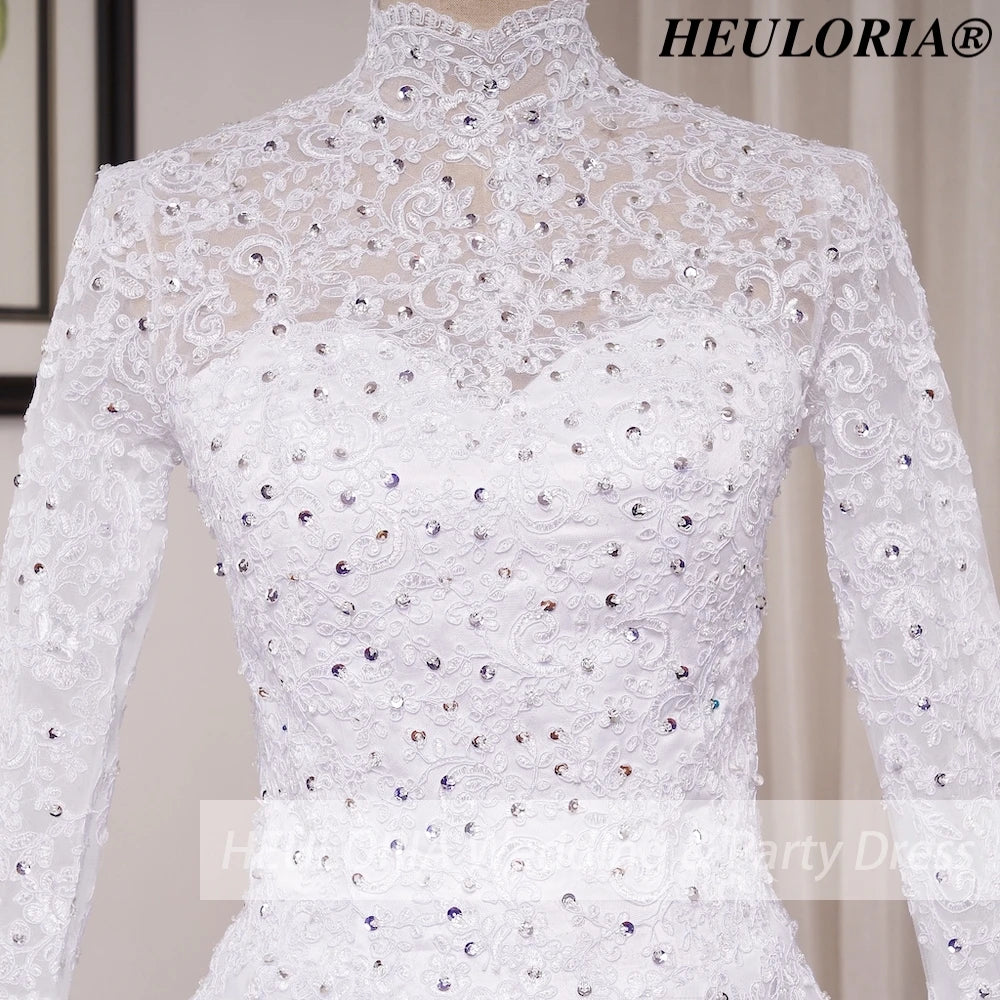 HEULORIA Muslim Wedding Dress long sleeve high neck bride dress Lace beading Wedding Gown BA-N-Classic