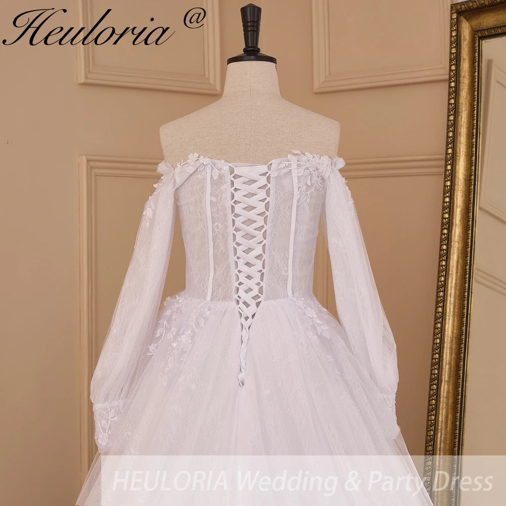 HEULORIA elegant A line wedding dress long sleeve beading lace bride dress plus size AL-839