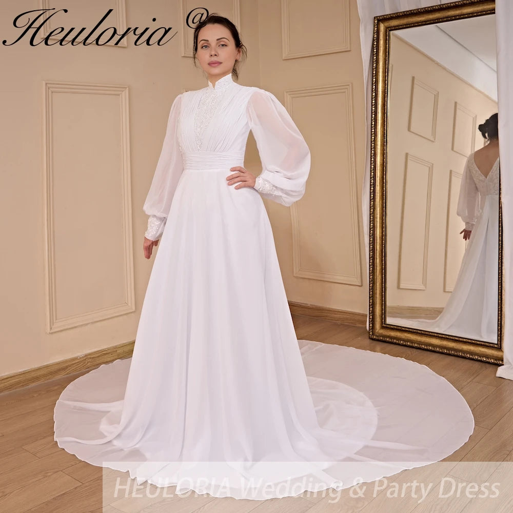 HEULORIA elegant Muslim Wedding Dress long sleeve high neck lace chiffon bride dress plus size bride Wedding Gown AL-805
