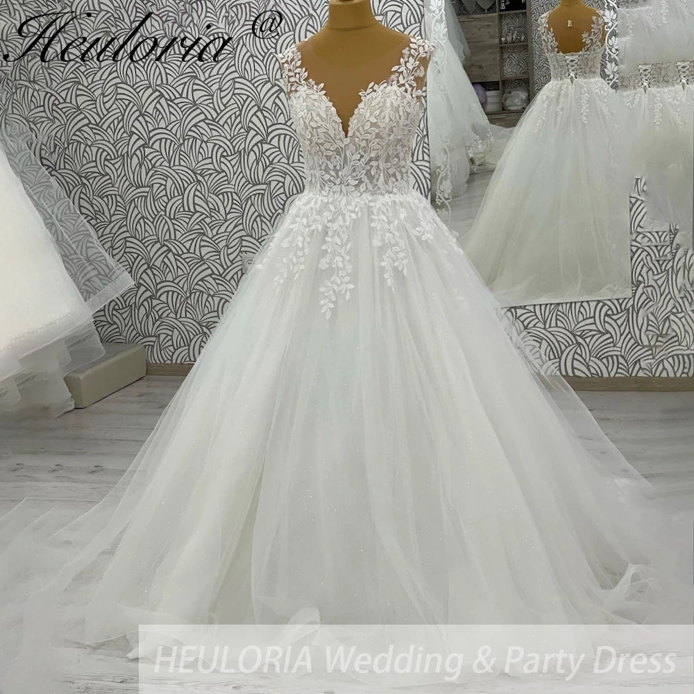 HEULORIA V-neck Sparkly Glitter tulle Wedding Dress Women Robe Civil Lace Appliques A Line Boho Bridal Gown Customized AL-1045