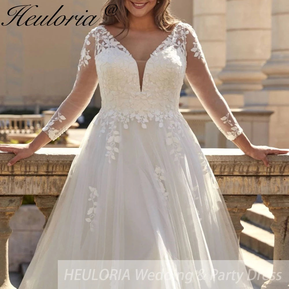 HEULORIA  plus size wedding dress long sleeve v neck lace bride dress A line Robe De Mariee Wedding Bride Dress AL-754