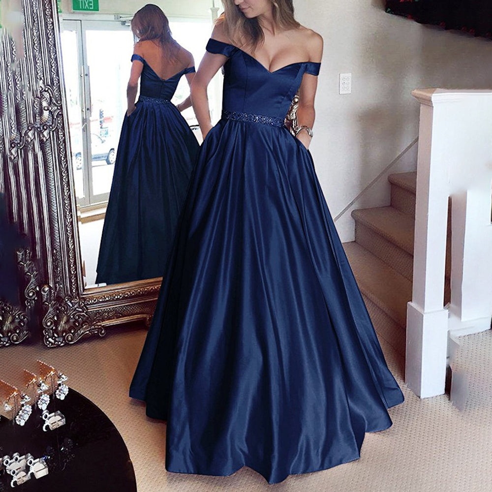 HEULORIA Off-Shoulder Satin A-Line Prom Dress with Embellished Waist ED-16
