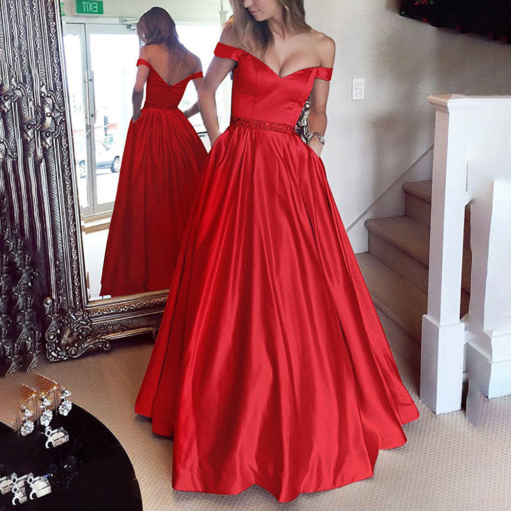 HEULORIA Off-Shoulder Satin A-Line Prom Dress with Embellished Waist ED-16