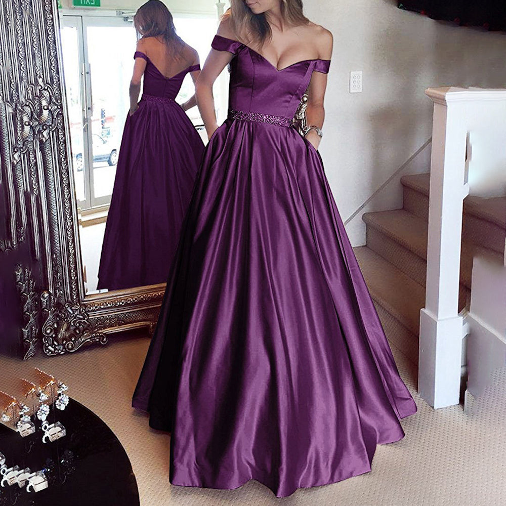 HEULORIA Off-Shoulder Satin A-Line Prom Dress with Embellished Waist ED-16