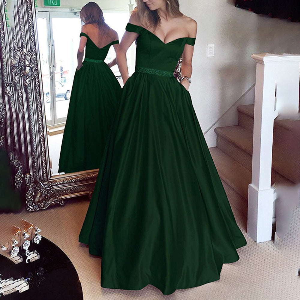 HEULORIA Off-Shoulder Satin A-Line Prom Dress with Embellished Waist ED-16