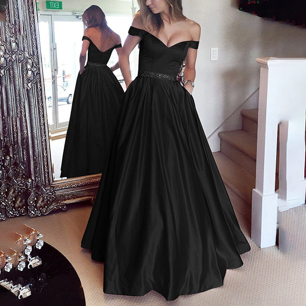 HEULORIA Off-Shoulder Satin A-Line Prom Dress with Embellished Waist ED-16