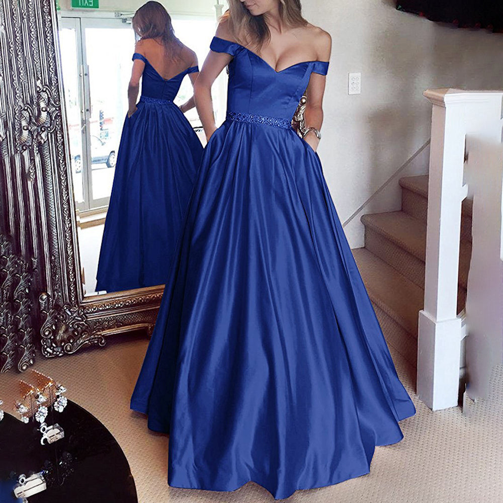 HEULORIA Off-Shoulder Satin A-Line Prom Dress with Embellished Waist ED-16