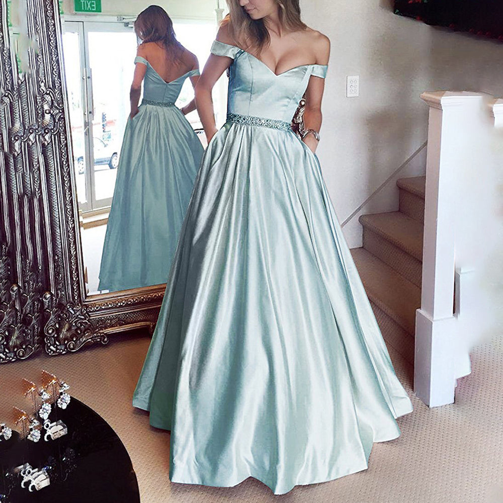 HEULORIA Off-Shoulder Satin A-Line Prom Dress with Embellished Waist ED-16