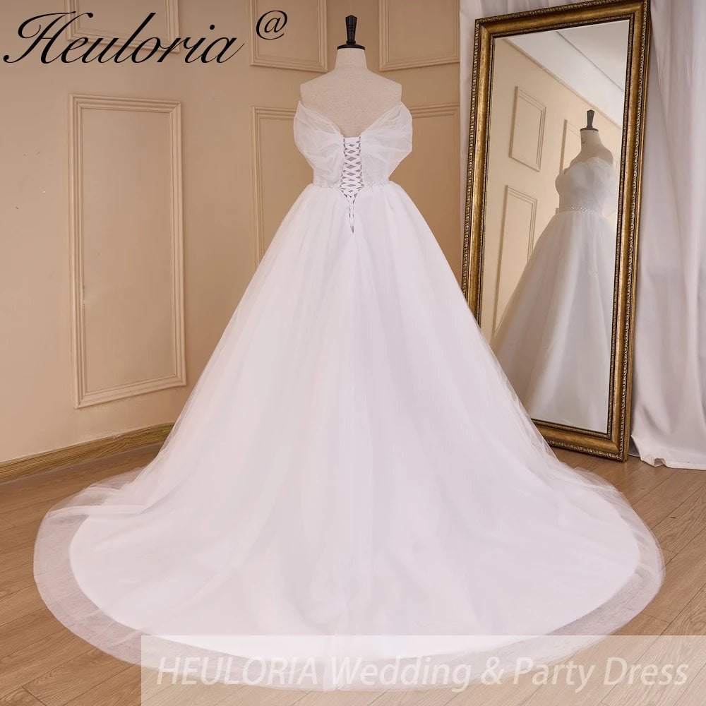 HEULORIA Boho A line Wedding Dress off shoulde beading belt bride dress tulle lace up back plus size AL-818