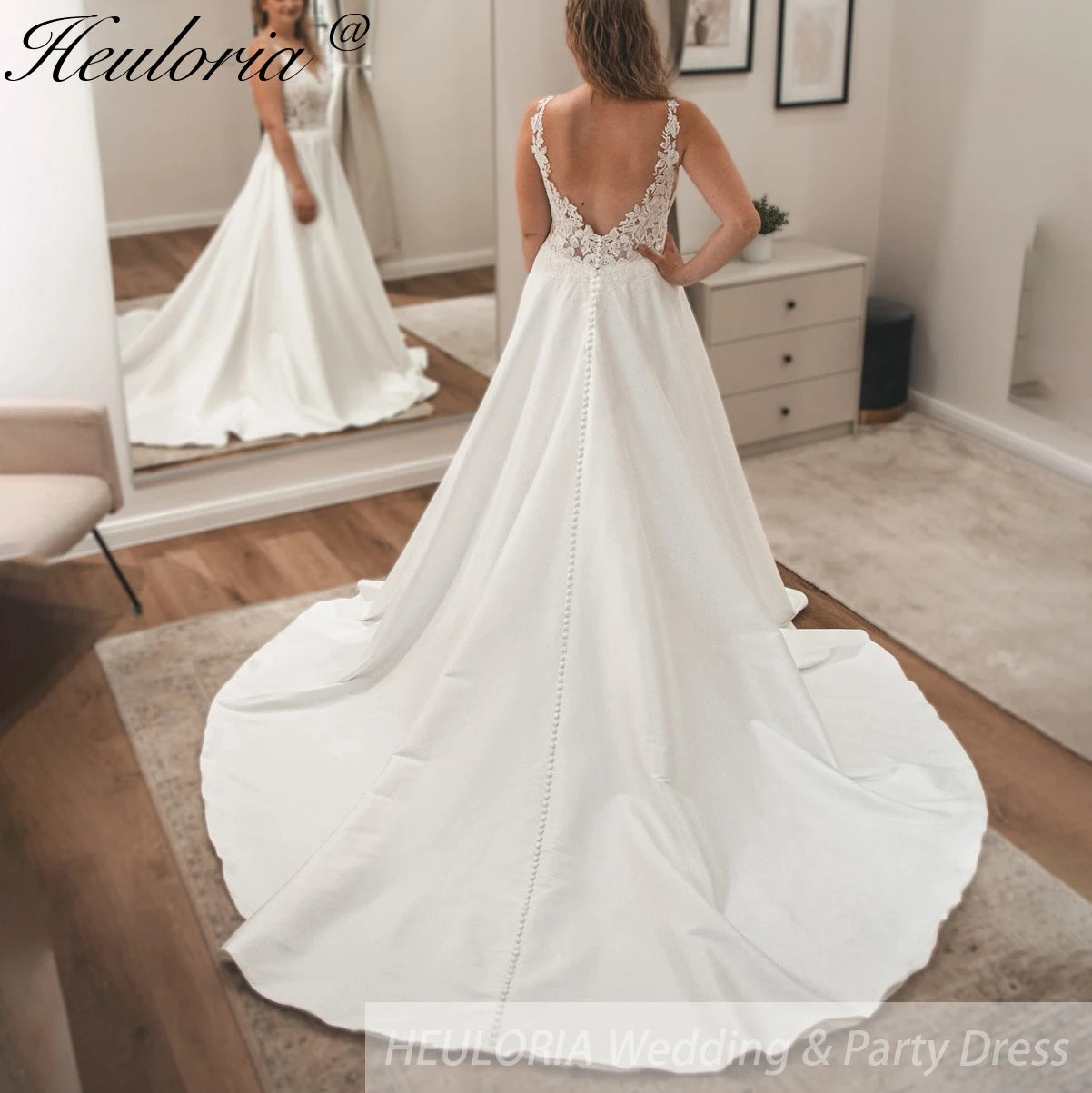 HEULORIA elegant A line Wedding Dress Spaghetti Straps lace applique satin skirt bride dress plus size robe de mariee AL-844