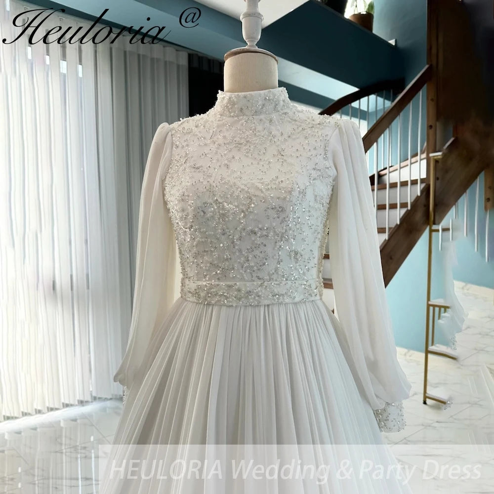 elegant heavy beading Muslim Wedding Dress long sleeve high neck bride dress plus size bride Wedding Gown BA-853