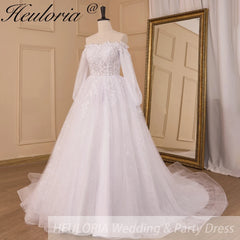 HEULORIA elegant A line wedding dress long sleeve beading lace bride dress plus size