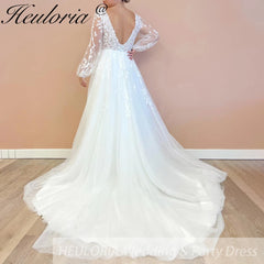 HEULORIA elegant A line Wedding Dress long sleeve v neck lace bride dress plus size robe de mariee