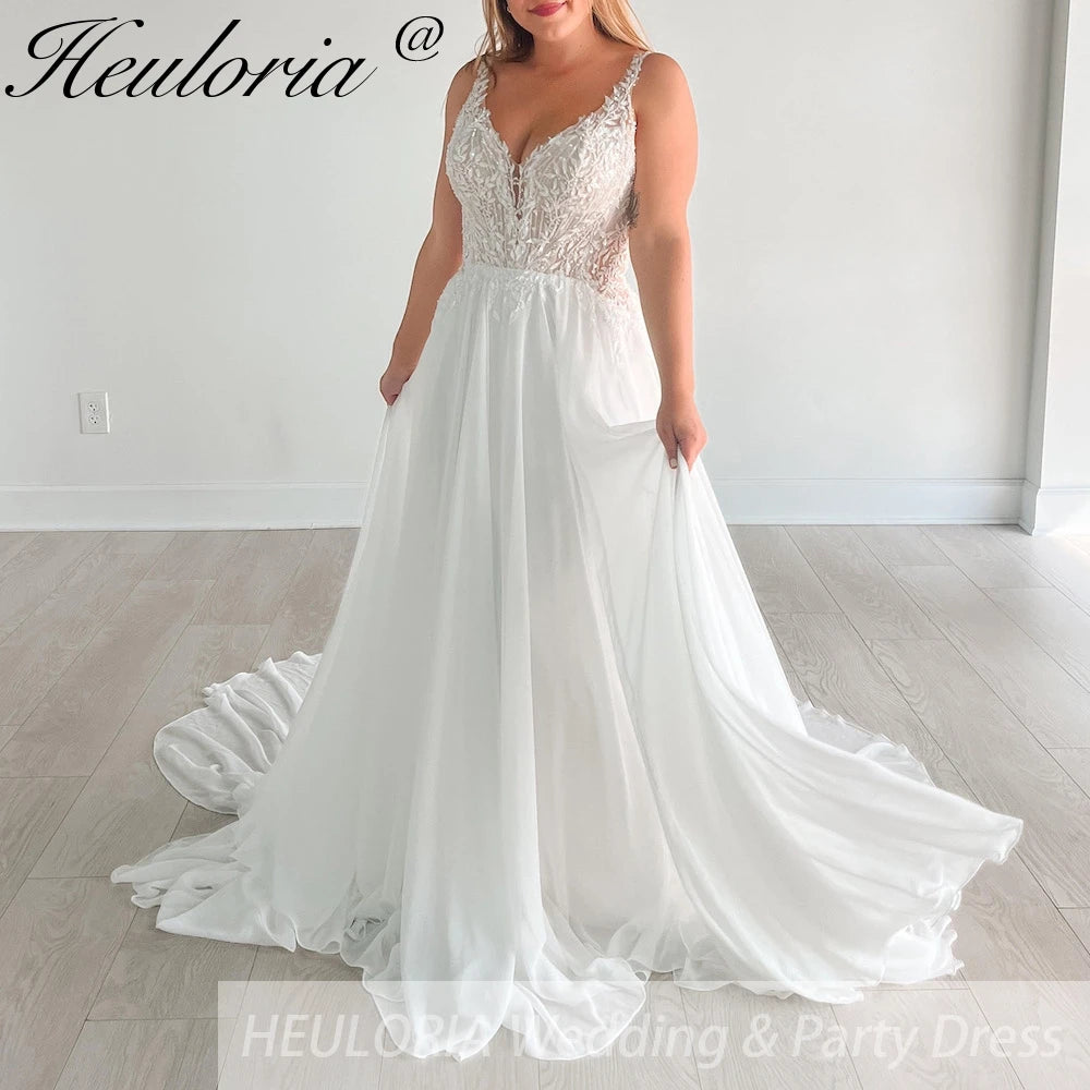 HEULORIA elegant lace chiffon Wedding Dress V neck A line lace bride dress for garden beach wedding AL-843