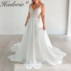 HEULORIA elegant lace chiffon Wedding Dress V neck A line lace bride dress for garden beach wedding