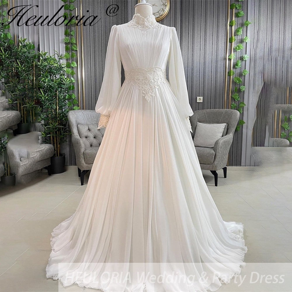 HEULORIA elegant lace beading Muslim ball gown Wedding Dress long sleeve high neck bride dress plus size bride Wedding Gown AL-358