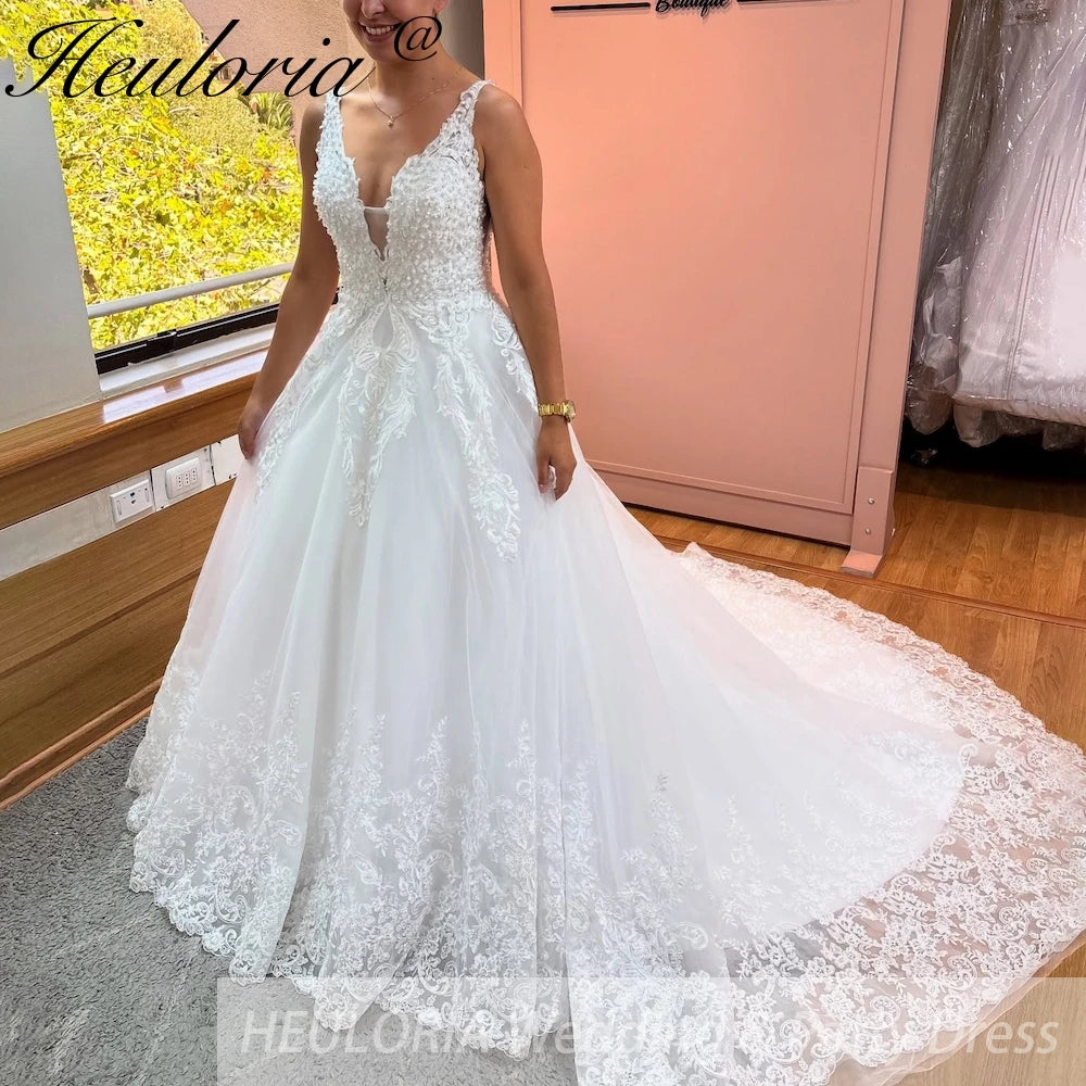 HEULORIA ball gown princess wedding dress V neck lace applique bride dress customize BA-850