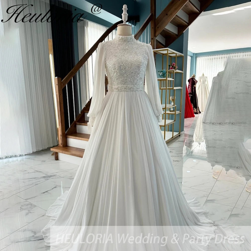 High Neck Beaded Bishop Sleeve Wedding Dress