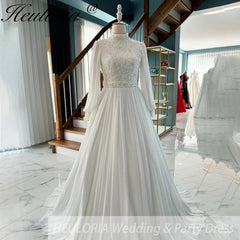 elegant heavy beading Muslim Wedding Dress long sleeve high neck bride dress plus size bride Wedding Gown