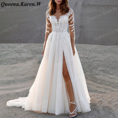 Elegant princess Wedding Dress long sleeve V neck lace applique bride dress robe de mariee A line Wedding Bridal Gown AL-QK67