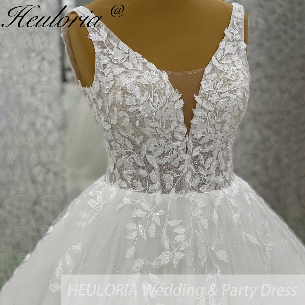HEULORIA Princess Wedding dress Sparkly Plunging V Necklace Bride Gowns Lace Up Back Customized BA-1047